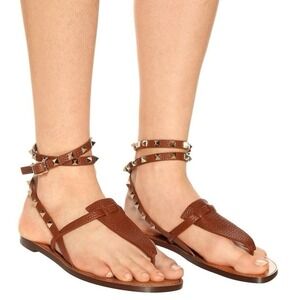 Valentino Rockstud Brown Leather Thong Wrap Around Strap Flat Slide Sandal 40